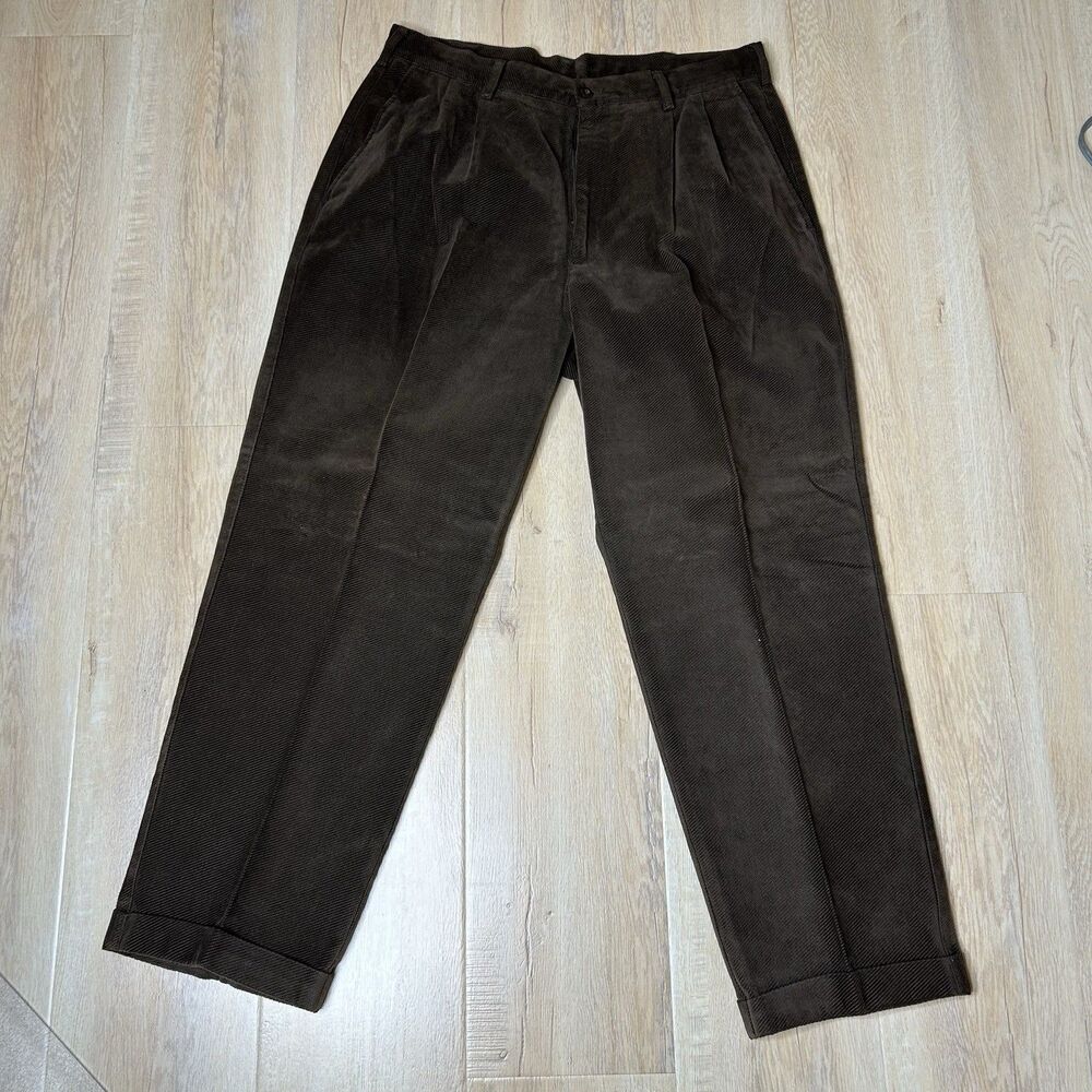 Vintage Corduroy Pants Mens 36x30 Brown Pleated Cuffed Preppy